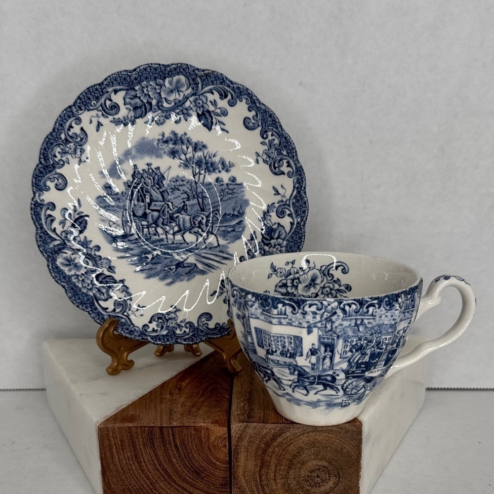 Johnson Brothers Coffee Cup and Saucer COACHING SCENES Regency Blue and White